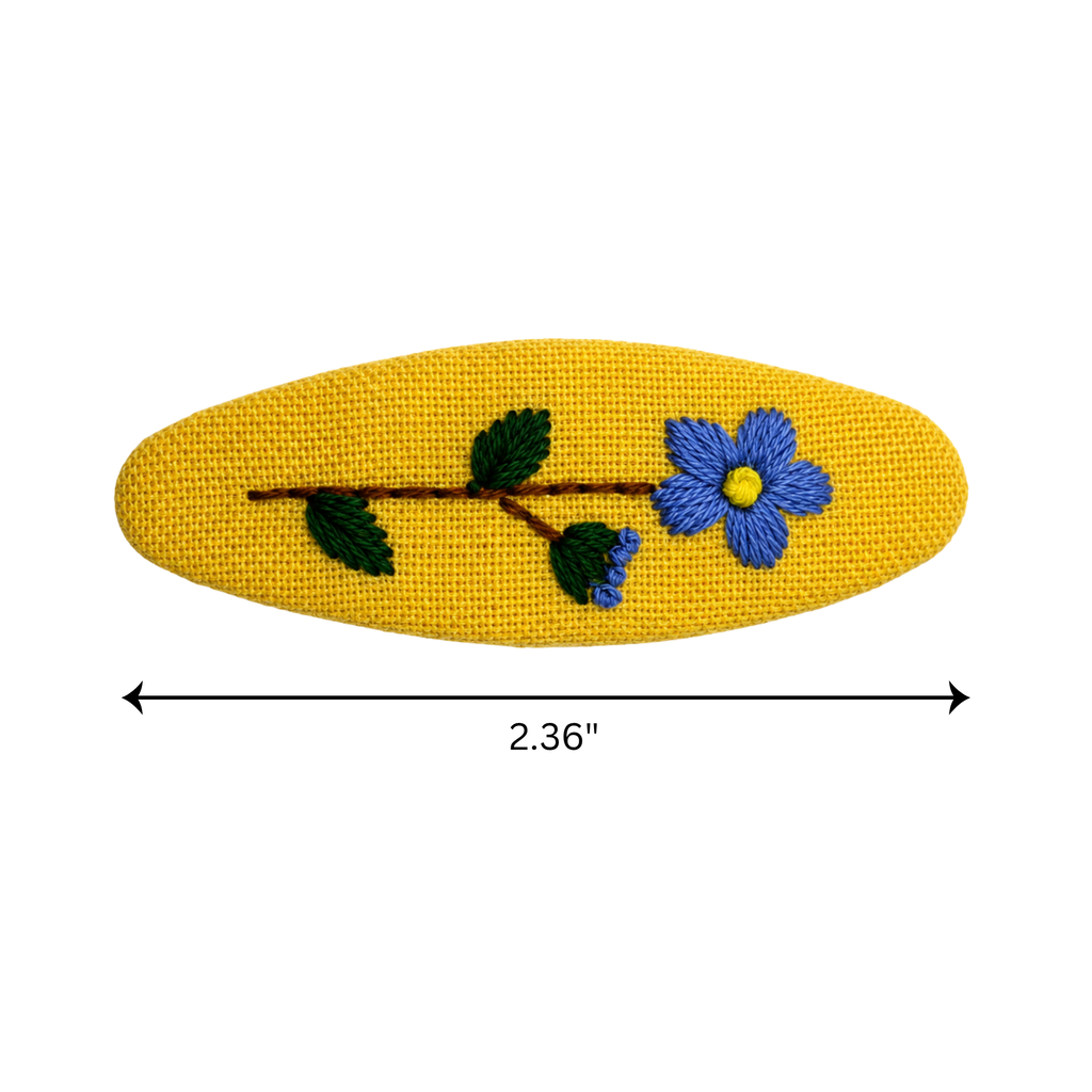 Handmade Embroidered Blue Flower, Light Blue Linen Hair Snap Clips, Oval, 2.36 in. (Pack of 2)