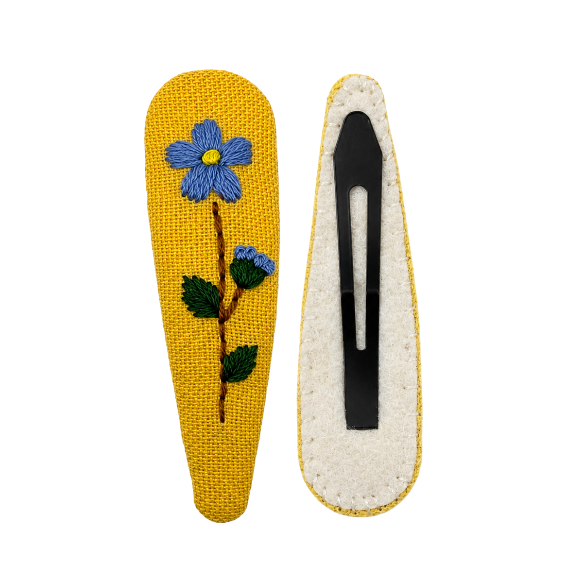 Handmade Embroidered Blue Flower, Light Blue Linen Hair Snap Clips, Teardrop, 2.36 in. (Pack of 2)