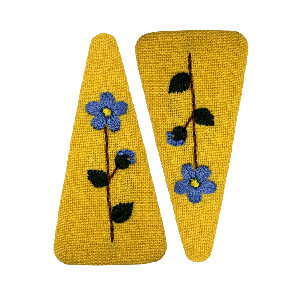 Handmade Embroidered Blue Flower, Light Blue Linen Hair Snap Clips, Triangle, 2.76 in. (Pack of 2)