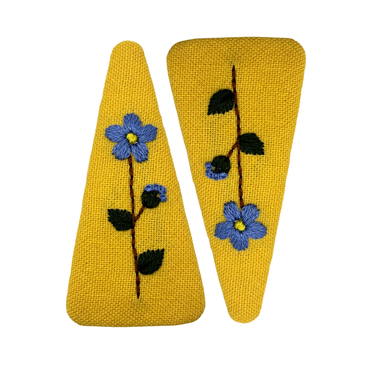 Handmade Embroidered Blue Flower, Light Blue Linen Hair Snap Clips, Triangle, 2.76 in. (Pack of 2)