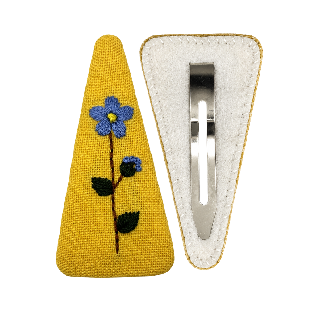 Handmade Embroidered Blue Flower, Light Blue Linen Hair Snap Clips, Triangle, 2.76 in. (Pack of 2)