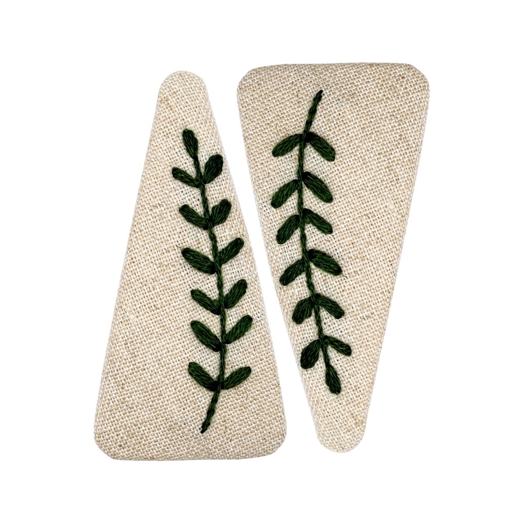 Handmade Embroidered Dark Green Leaf, Natural Linen Hair Snap Clips, Triangle, 2.76 in. (Pack of 2)
