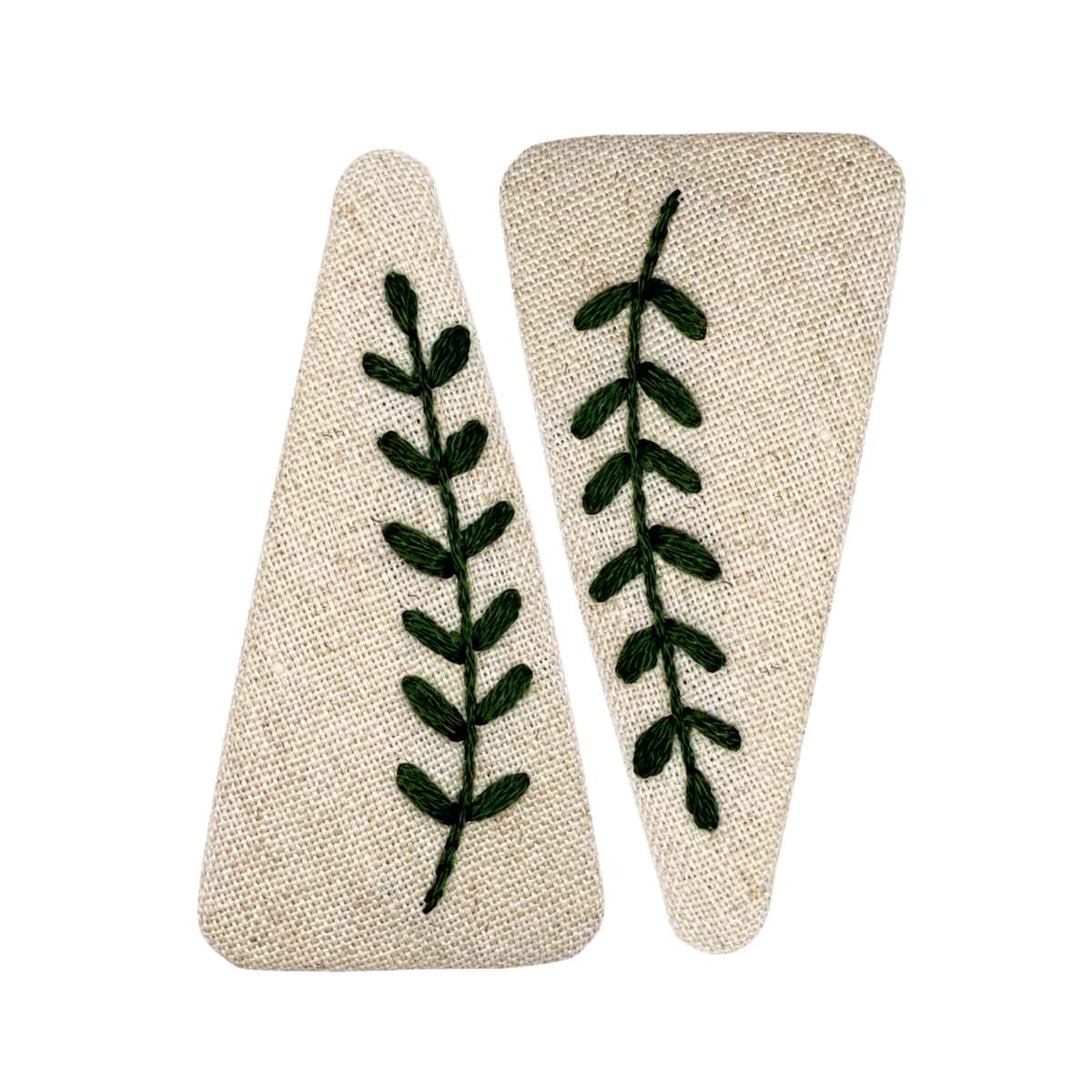 Handmade Embroidered Dark Green Leaf, Natural Linen Hair Snap Clips, Triangle, 2.76 in. (Pack of 2)