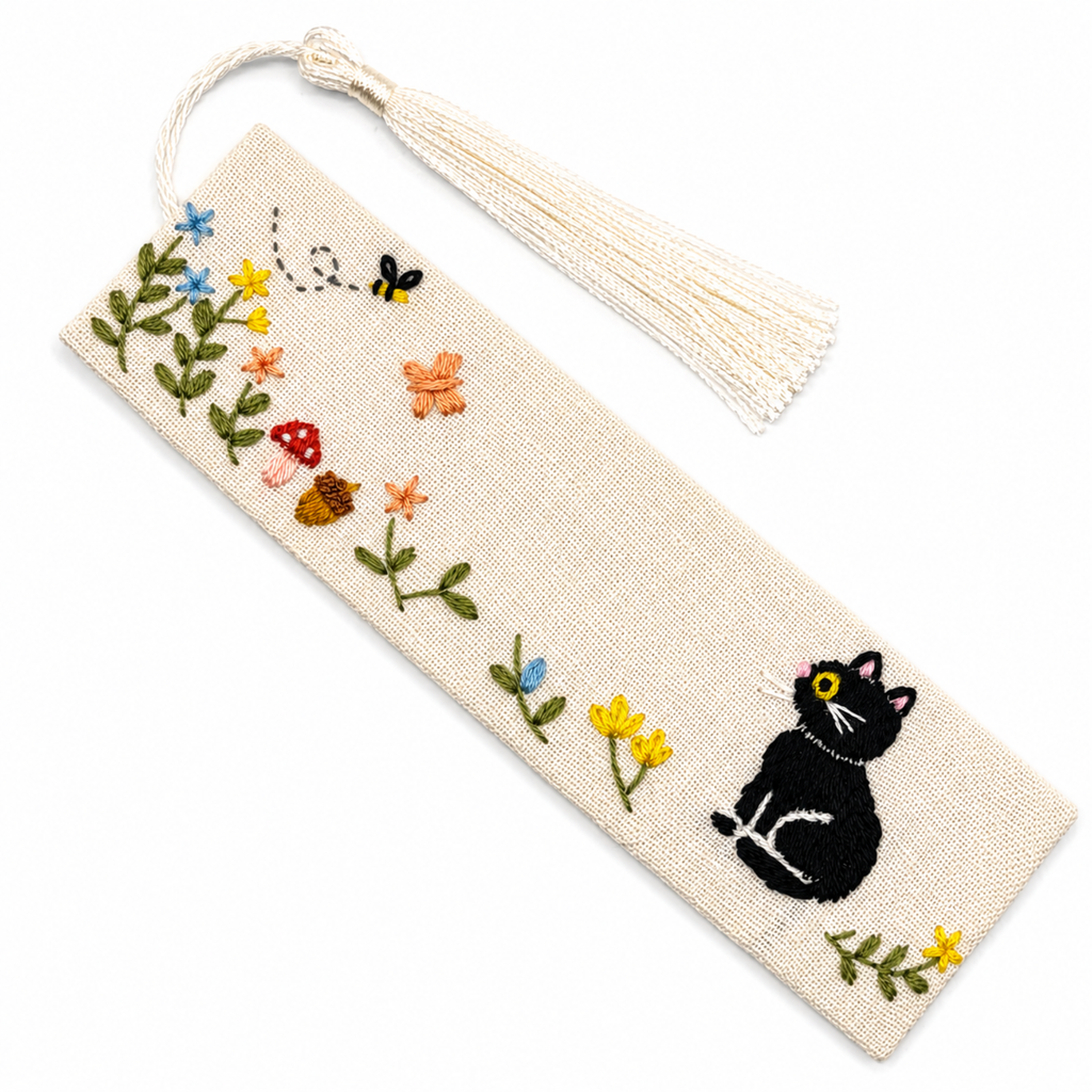 Handmade Embroidered Black Cat Linen Bookmark With Tassel - Butterfly Cat, 5.5 x 1.6 in.