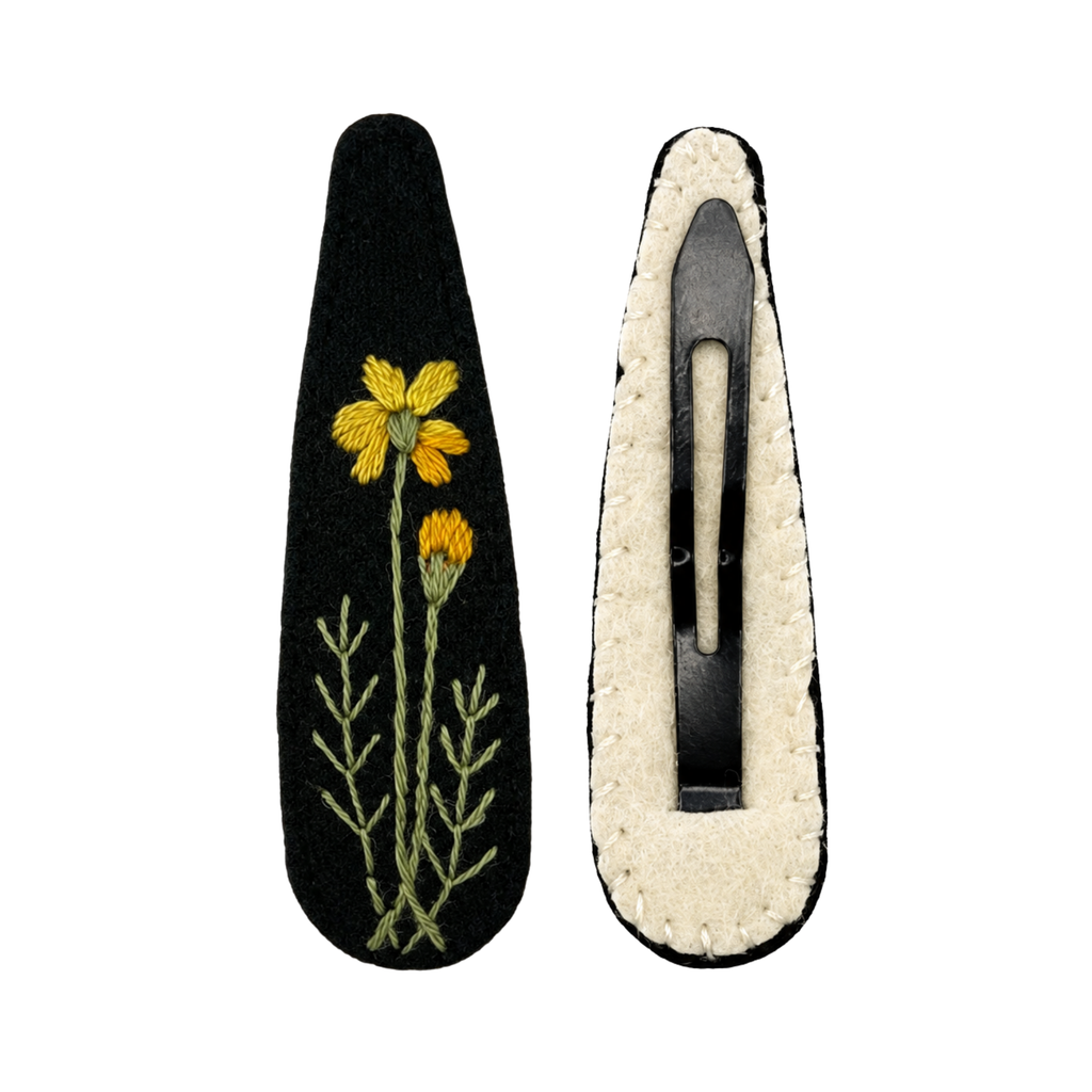 Handmade Embroidered Yellow Flower, Black Linen Hair Snap Clips, Teardrop, 2.36 in. (Pack of 2)
