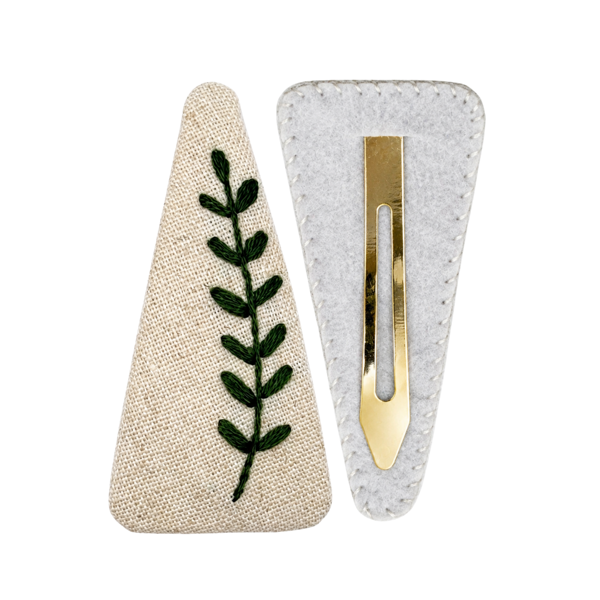 Handmade Embroidered Dark Green Leaf, Natural Linen Hair Snap Clips, Triangle, 2.76 in. (Pack of 2)