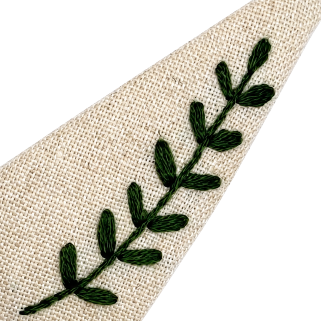 Handmade Embroidered Dark Green Leaf, Natural Linen Hair Snap Clips, Triangle, 2.76 in. (Pack of 2)