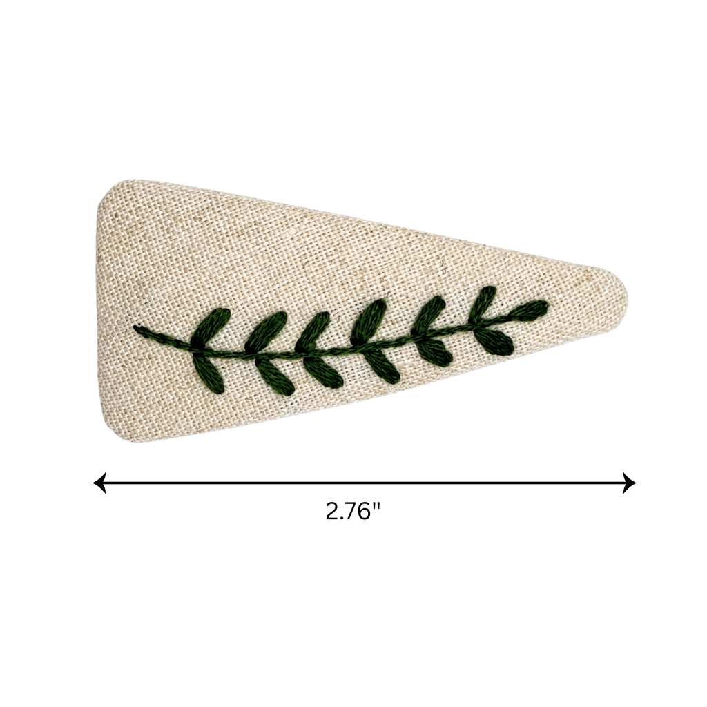 Handmade Embroidered Dark Green Leaf, Natural Linen Hair Snap Clips, Triangle, 2.76 in. (Pack of 2)