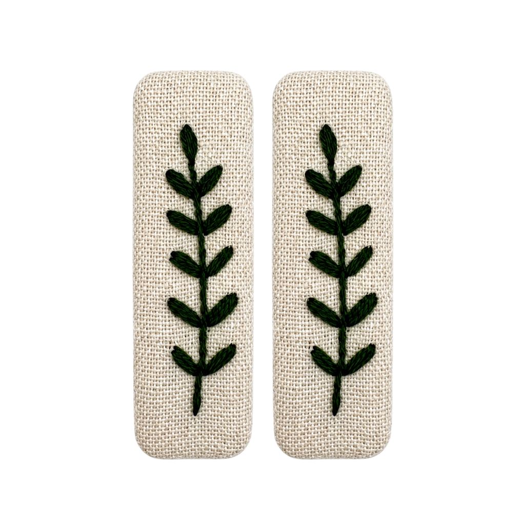 Handmade Embroidered Dark Green Leaf, Natural Linen Hair Snap Clips, Rectangle, 2.36 in. (Pack of 2)