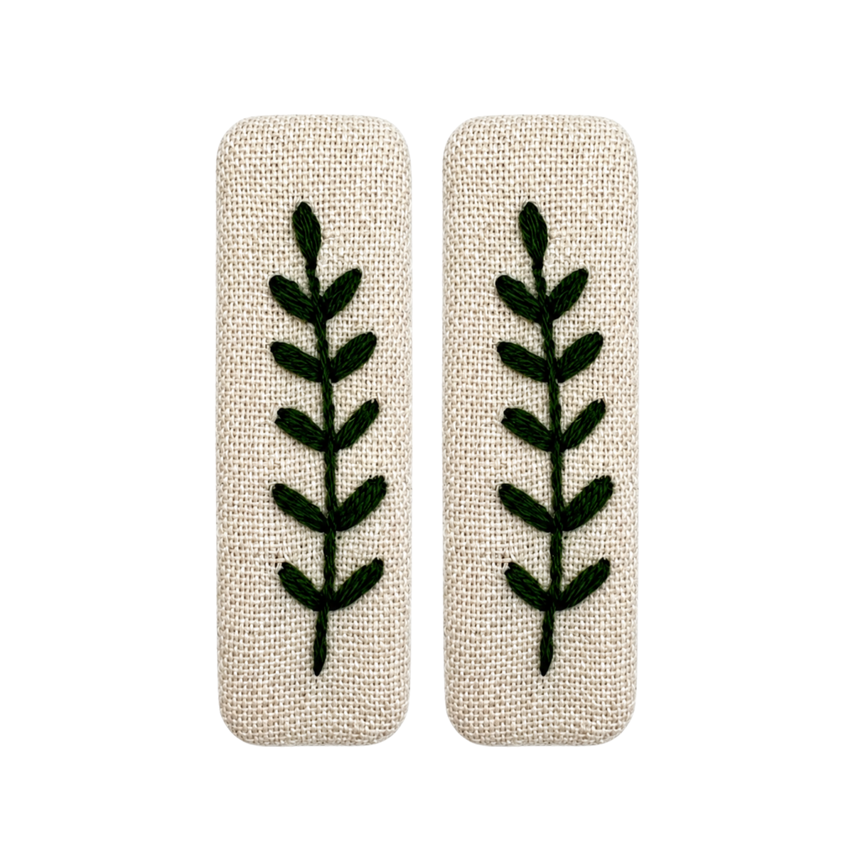 Handmade Embroidered Dark Green Leaf, Natural Linen Hair Snap Clips, Rectangle, 2.36 in. (Pack of 2)