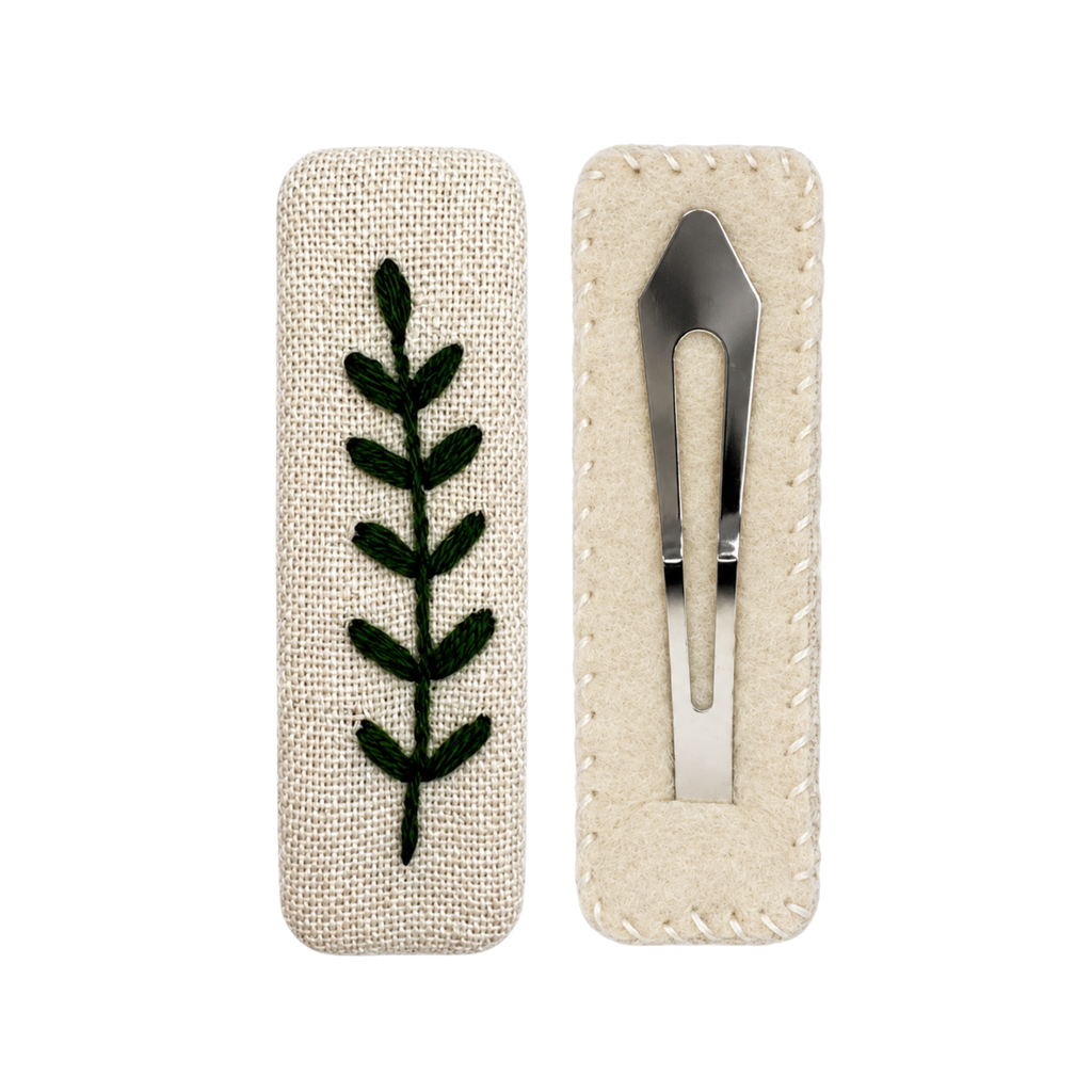 Handmade Embroidered Dark Green Leaf, Natural Linen Hair Snap Clips, Rectangle, 2.36 in. (Pack of 2)