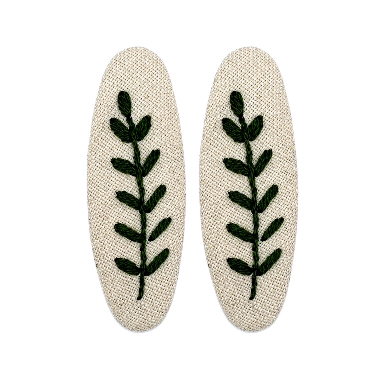 Handmade Embroidered Dark Green Leaf, Natural Linen Hair Snap Clips, Oval, 2.36 in. (Pack of 2)