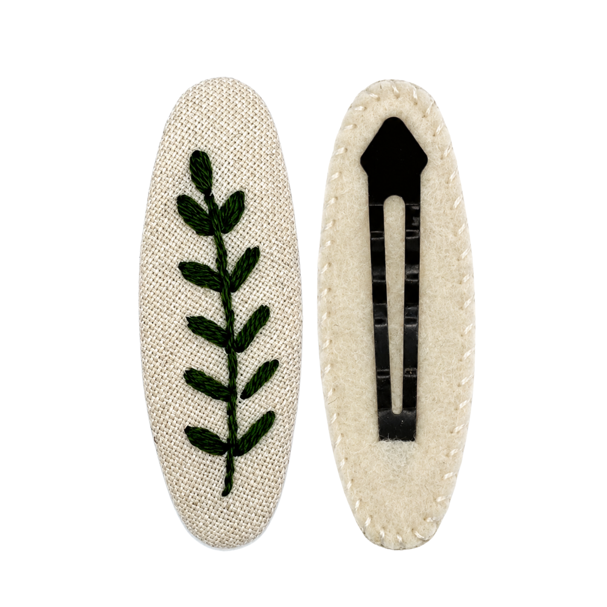 Handmade Embroidered Dark Green Leaf, Natural Linen Hair Snap Clips, Oval, 2.36 in. (Pack of 2)