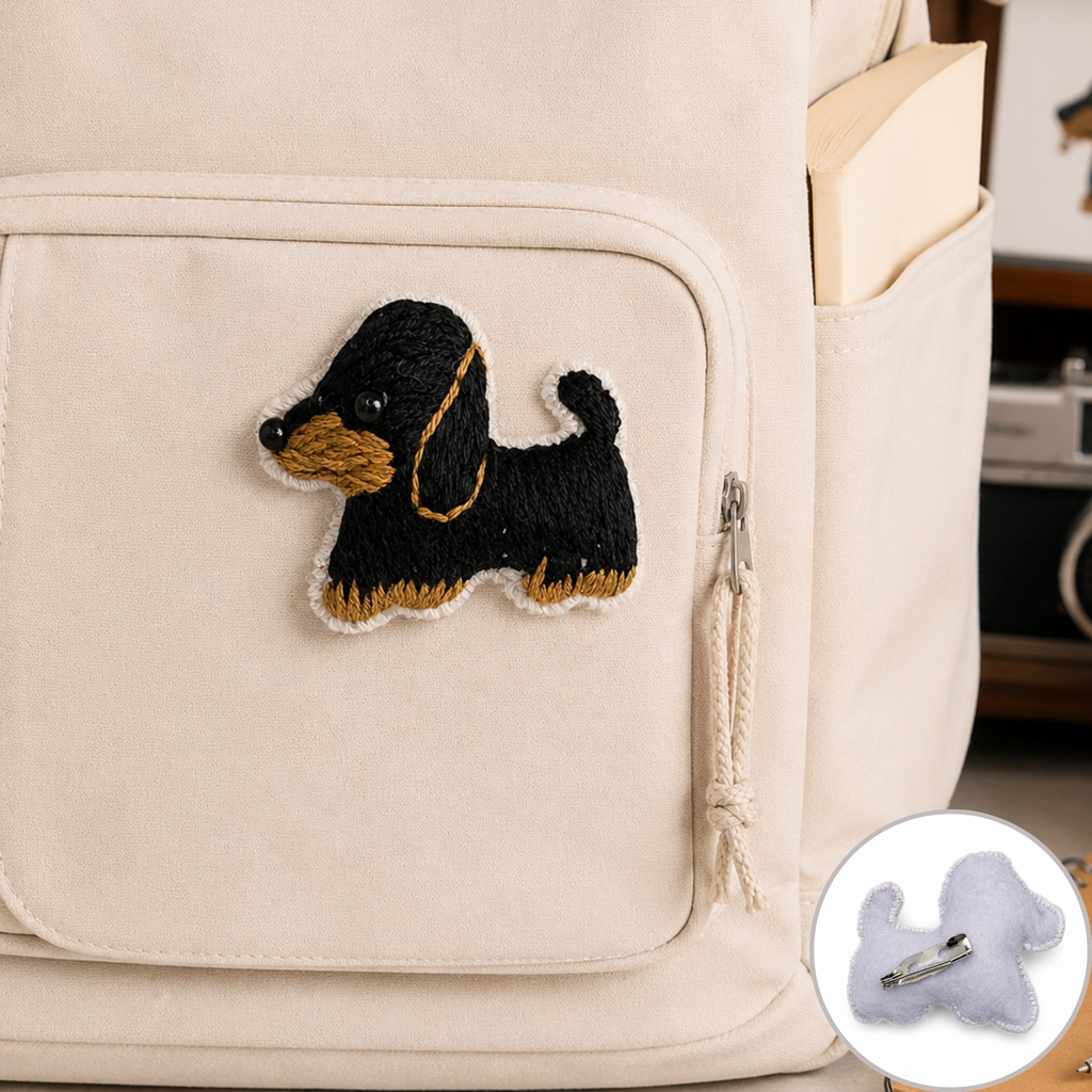 Handmade 3D Embroidered Dog Pin Badge for Bags, Hats & Clothing