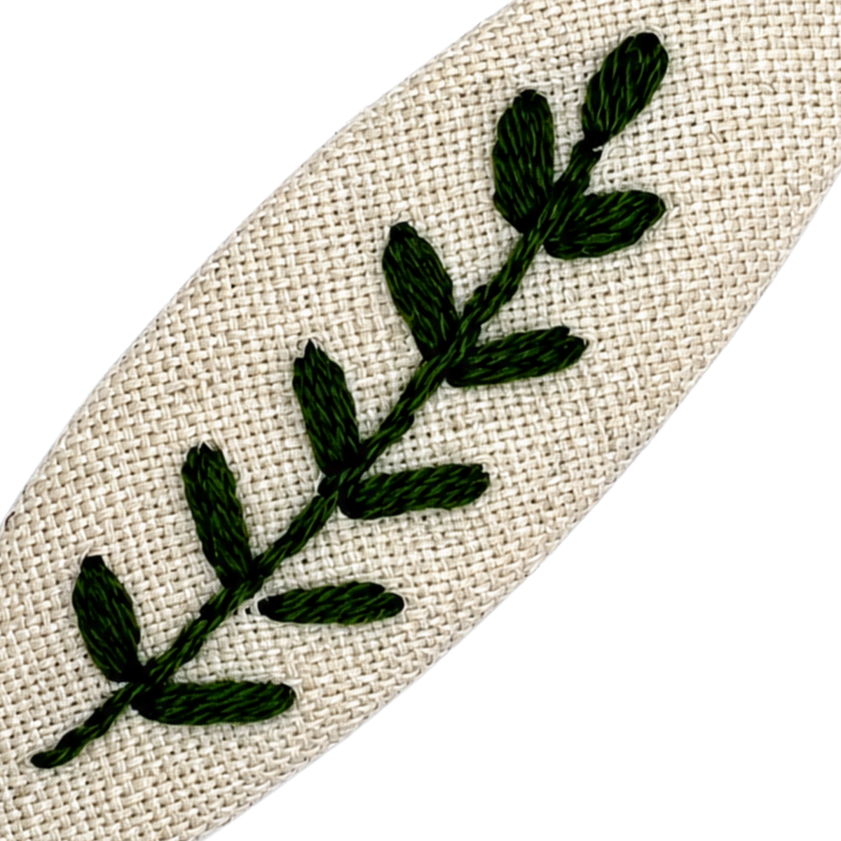 Handmade Embroidered Dark Green Leaf, Natural Linen Hair Snap Clips, Oval, 2.36 in. (Pack of 2)