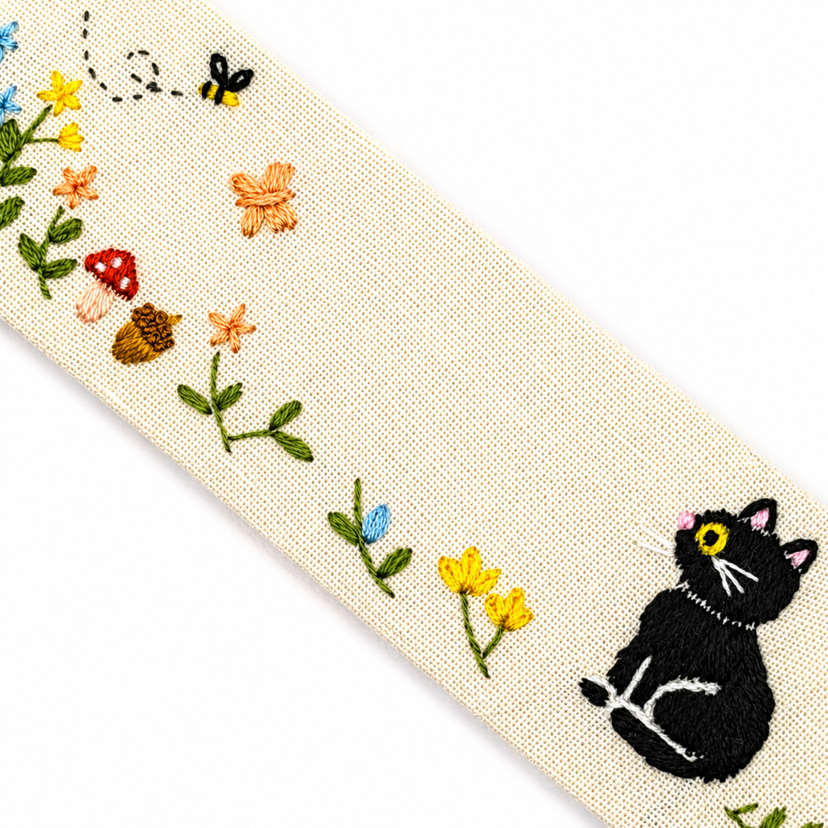 Handmade Embroidered Black Cat Linen Bookmark With Tassel - Butterfly Cat, 5.5 x 1.6 in.