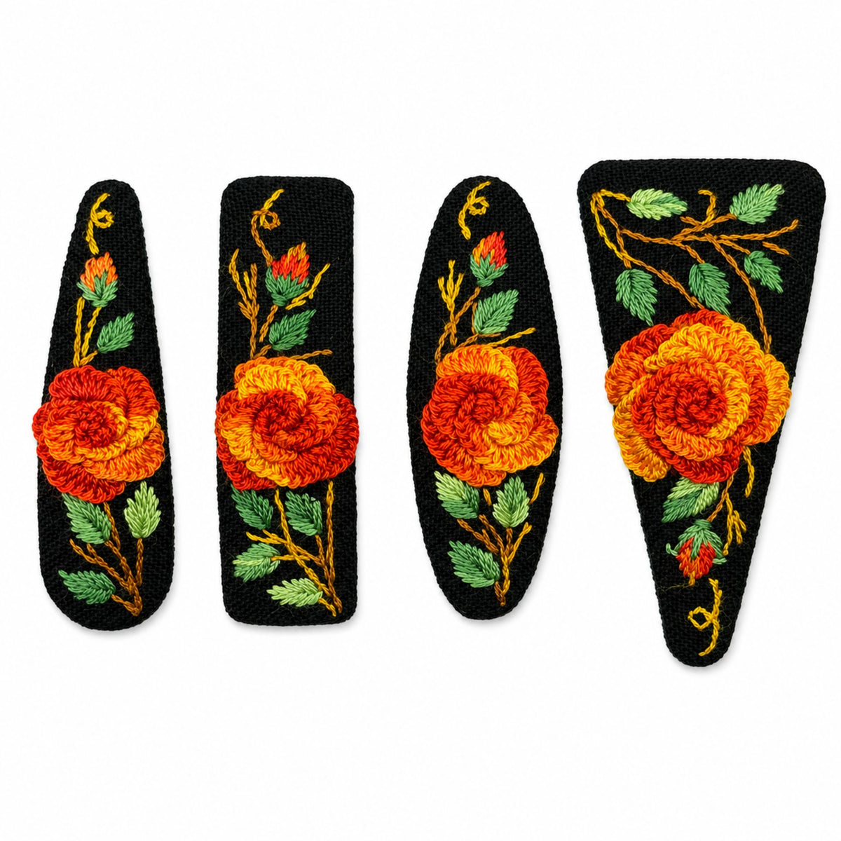 Hand Embroidered Ombre Orange Rose Linen Hair Snap Clips, Teardrop, 2.36 in. (Pack of 2)