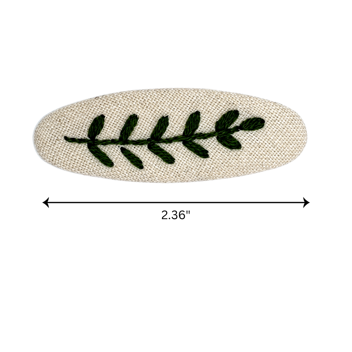 Handmade Embroidered Dark Green Leaf, Natural Linen Hair Snap Clips, Oval, 2.36 in. (Pack of 2)