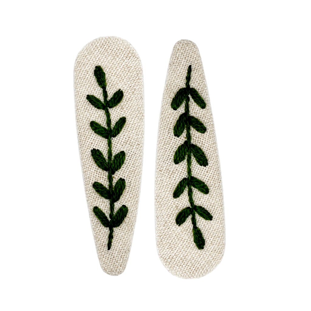Handmade Embroidered Dark Green Leaf, Natural Linen Hair Snap Clips, Teardrop, 2.36 in. (Pack of 2)