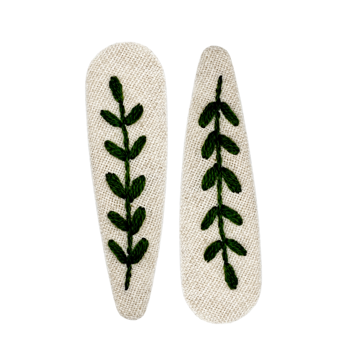 Handmade Embroidered Dark Green Leaf, Natural Linen Hair Snap Clips, Teardrop, 2.36 in. (Pack of 2)