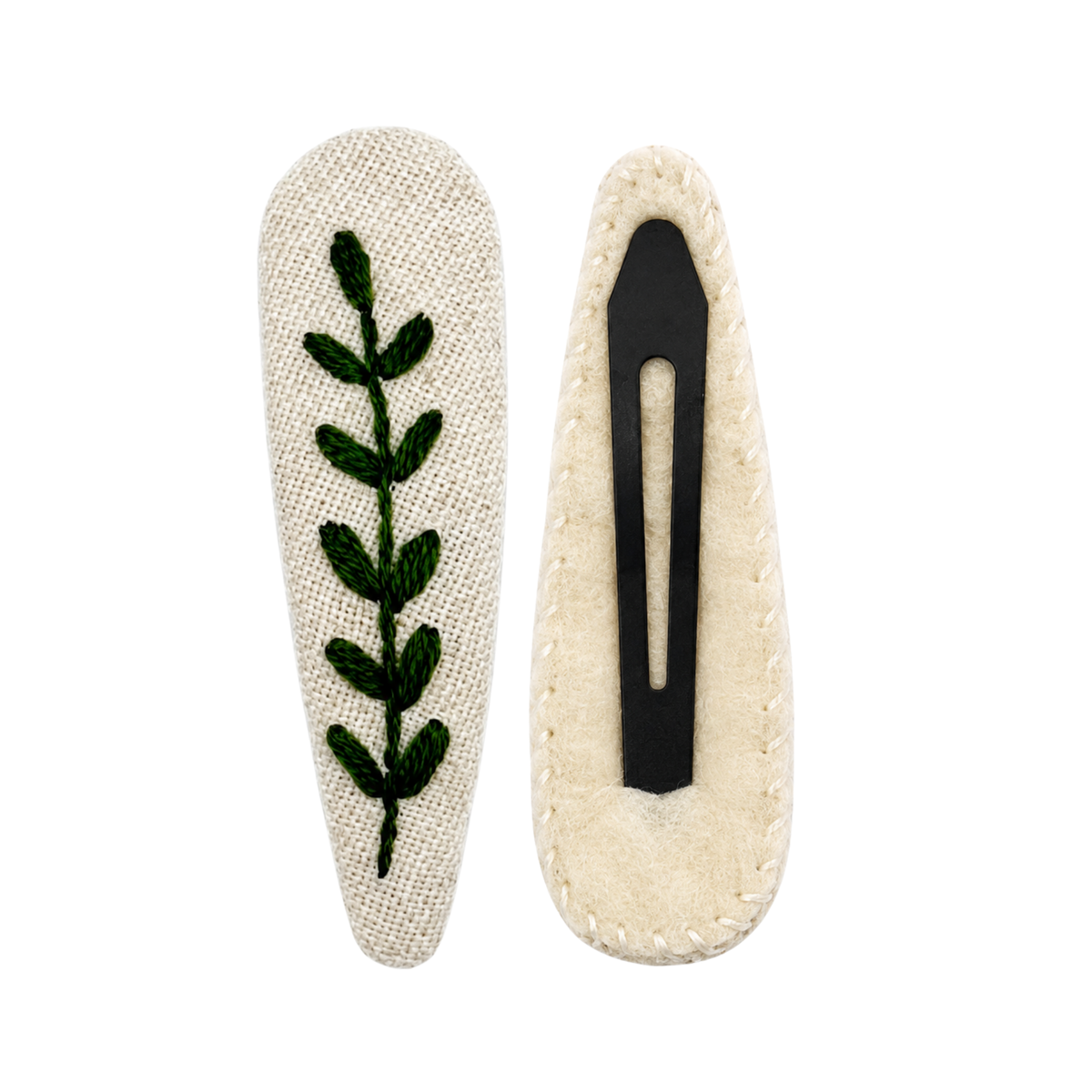 Handmade Embroidered Dark Green Leaf, Natural Linen Hair Snap Clips, Teardrop, 2.36 in. (Pack of 2)