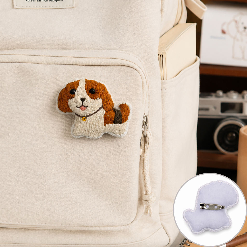 Handmade 3D Embroidered Dog Pin Badge for Bags, Hats & Clothing
