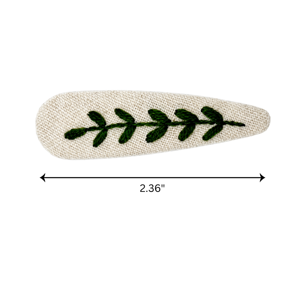 Handmade Embroidered Dark Green Leaf, Natural Linen Hair Snap Clips, Teardrop, 2.36 in. (Pack of 2)