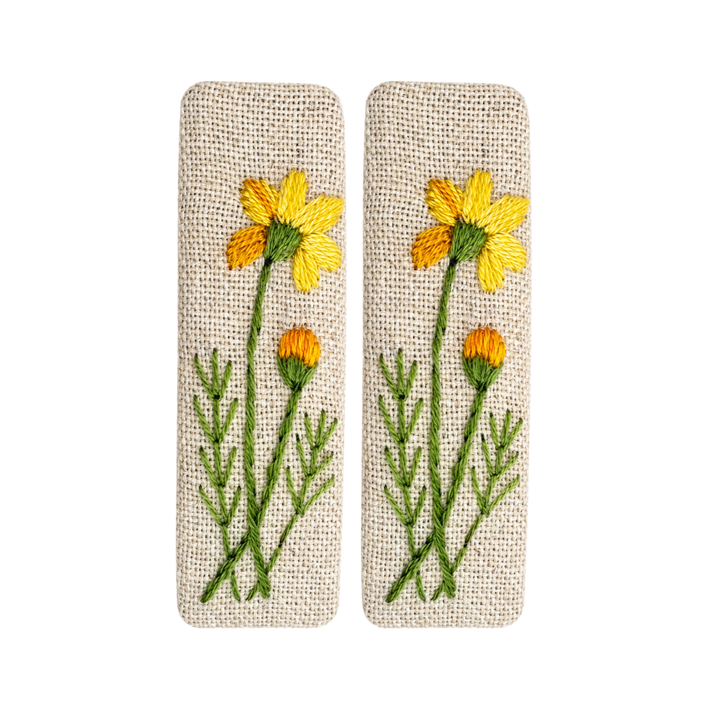 Handmade Embroidered Yellow Flower, Natural Linen Hair Snap Clips, Rectangle, 2.36 in. (Pack of 2)