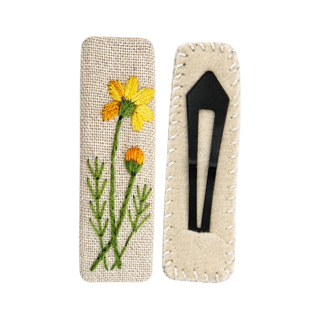 Handmade Embroidered Yellow Flower, Natural Linen Hair Snap Clips, Rectangle, 2.36 in. (Pack of 2)