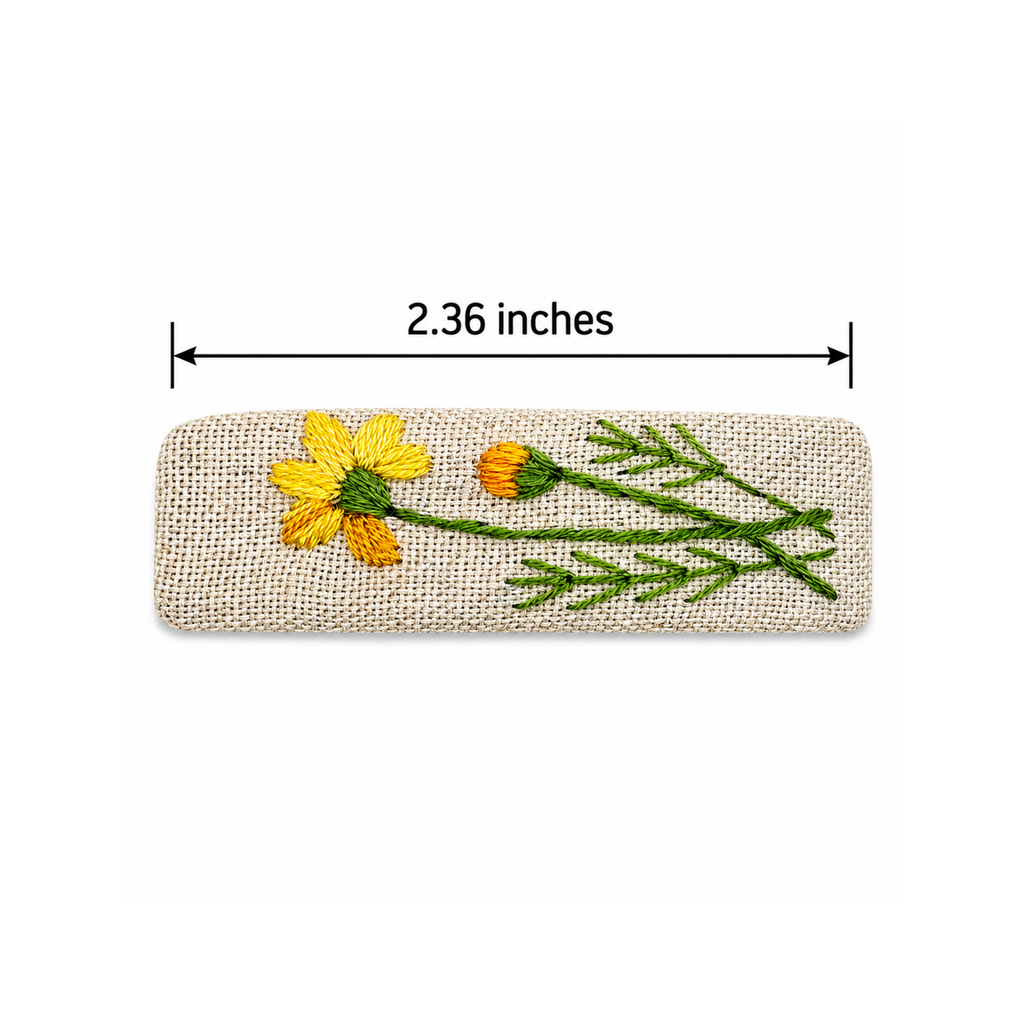 Handmade Embroidered Yellow Flower, Natural Linen Hair Snap Clips, Rectangle, 2.36 in. (Pack of 2)
