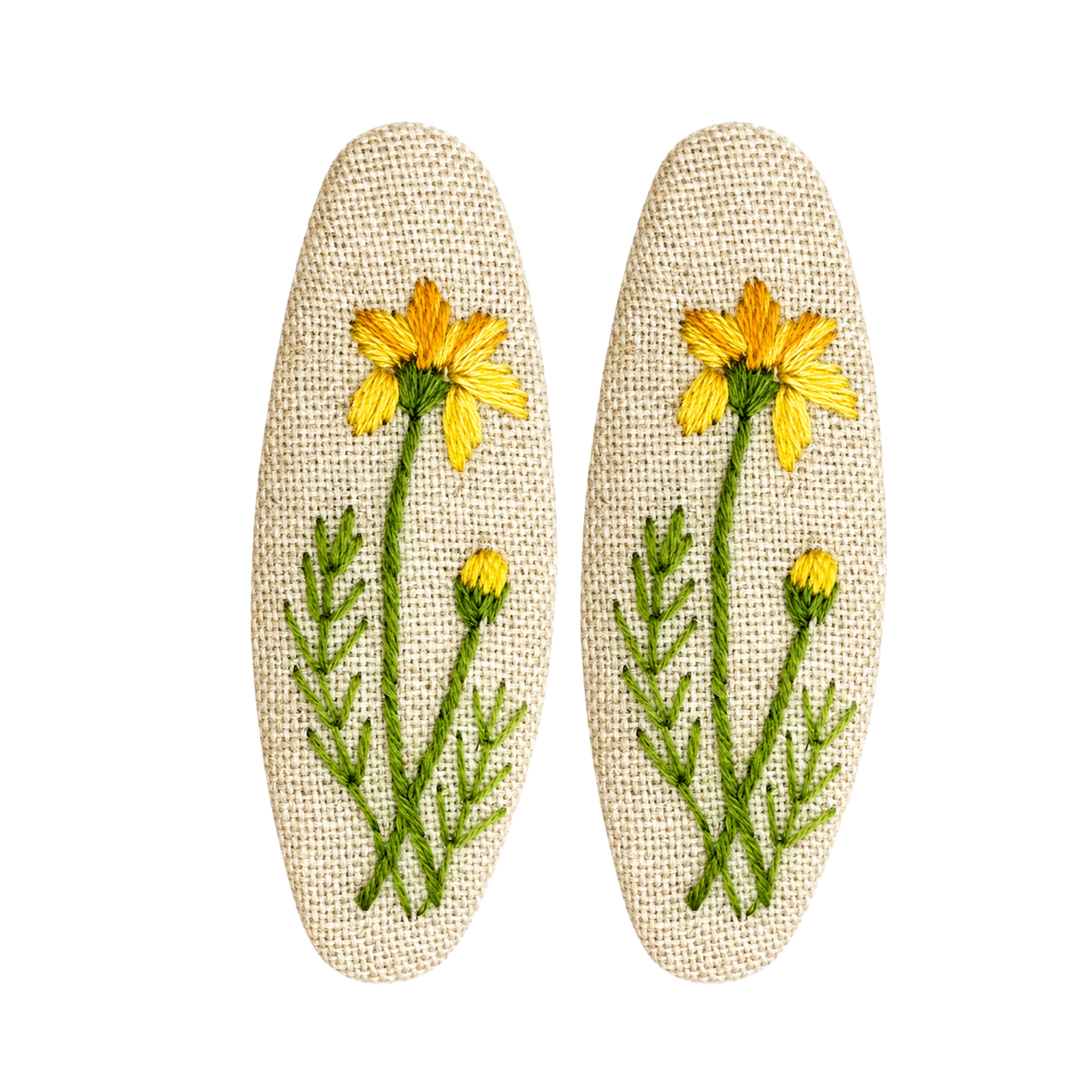 Handmade Embroidered Yellow Flower, Natural Linen Hair Snap Clips, Oval, 2.36 in. (Pack of 2)