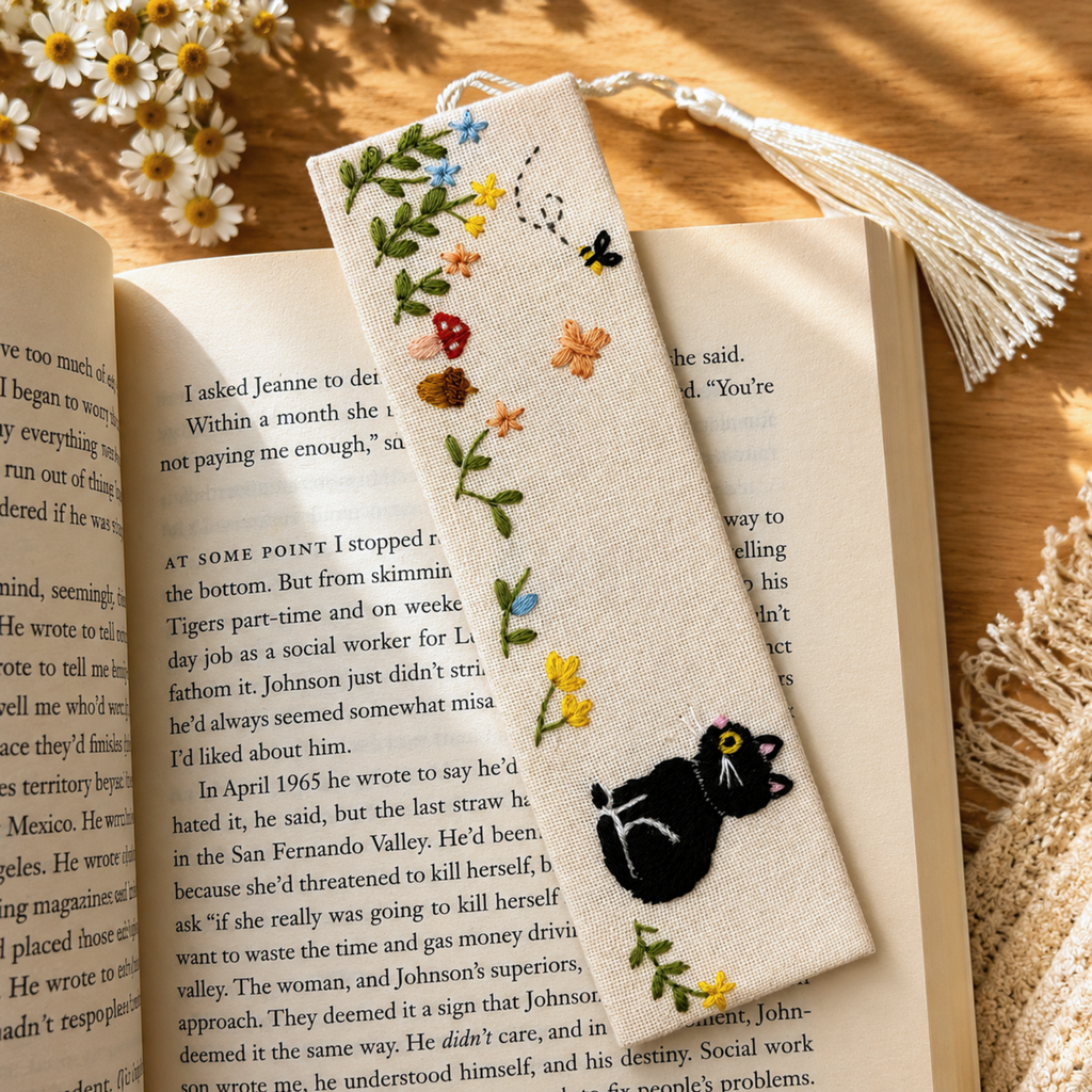 Handmade Embroidered Black Cat Linen Bookmark With Tassel - Butterfly Cat, 5.5 x 1.6 in.