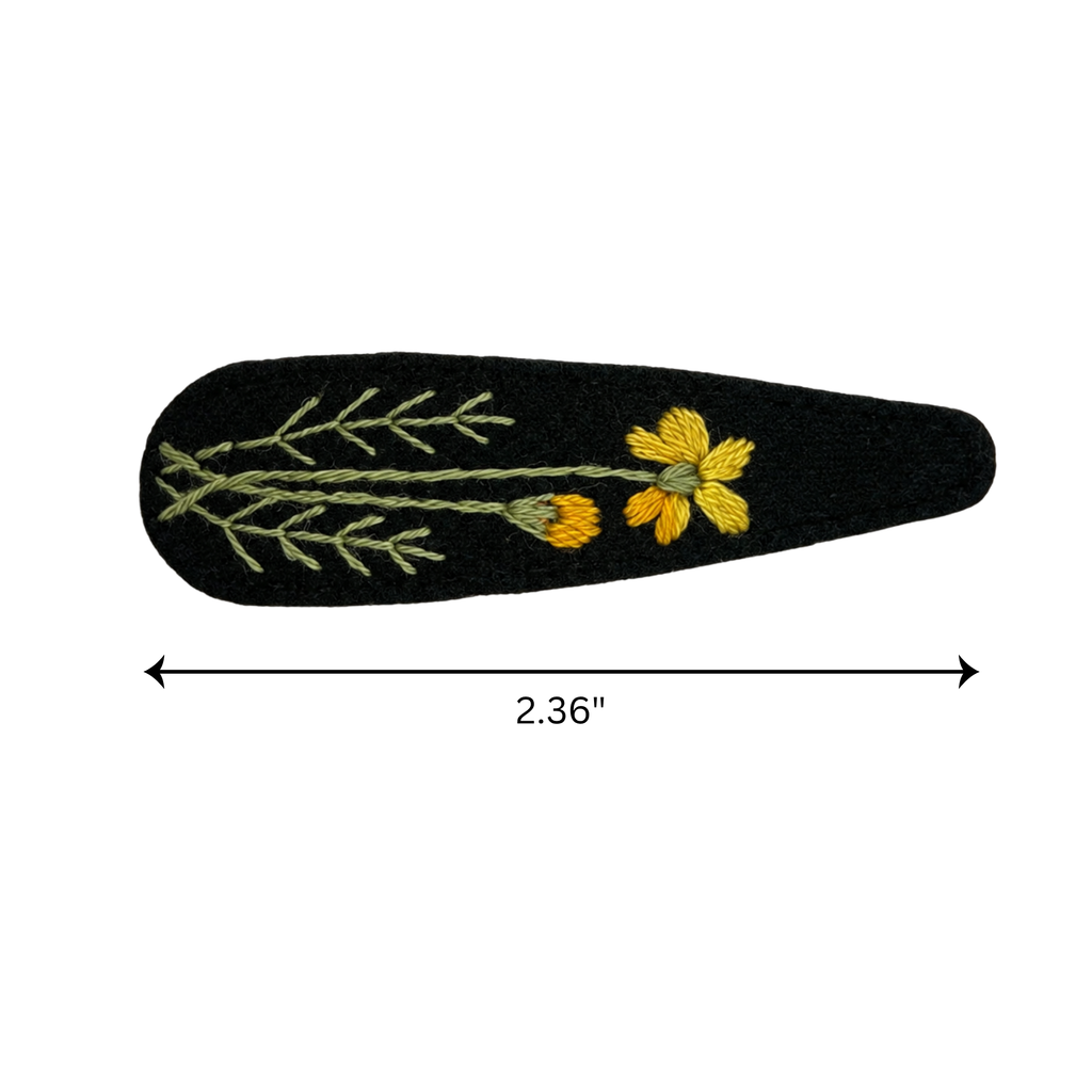 Handmade Embroidered Yellow Flower, Black Linen Hair Snap Clips, Teardrop, 2.36 in. (Pack of 2)