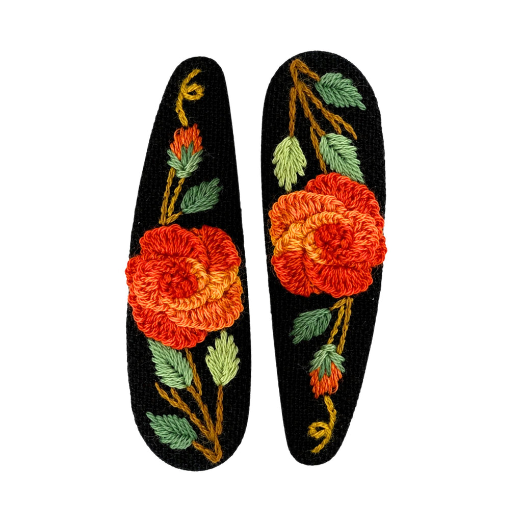 Hand Embroidered Ombre Orange Rose Linen Hair Snap Clips, Teardrop, 2.36 in. (Pack of 2)