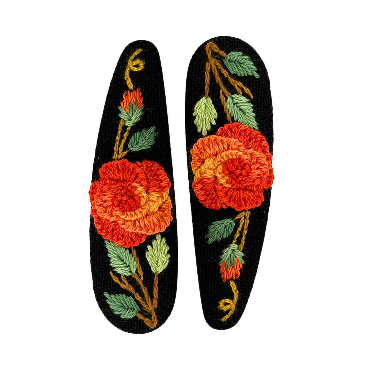 Hand Embroidered Ombre Orange Rose Linen Hair Snap Clips, Oval, 2.36 in. (Pack of 2)
