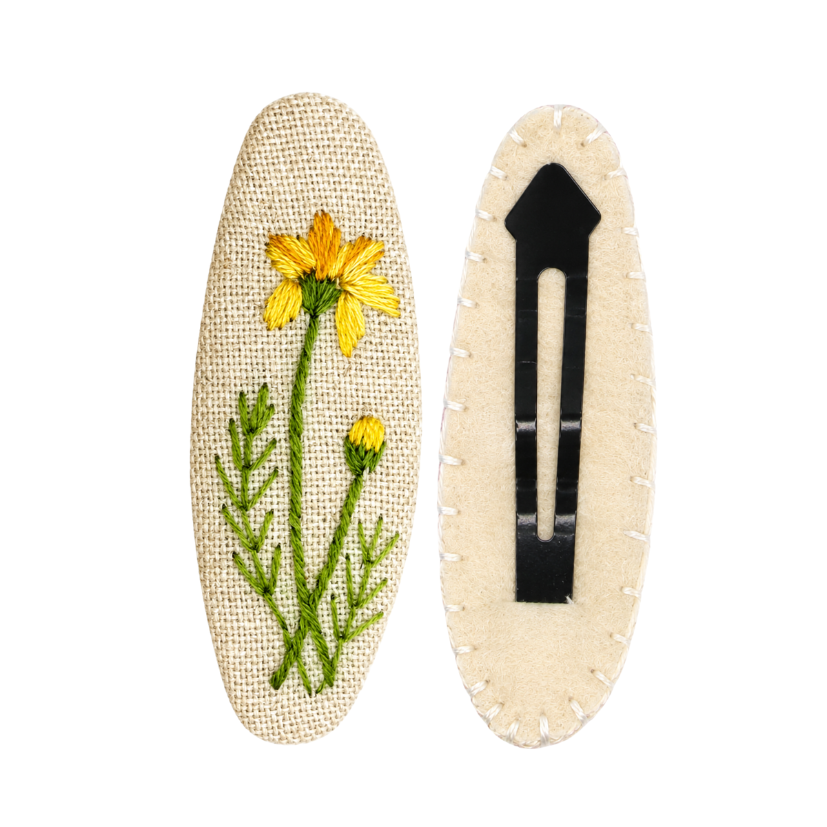 Handmade Embroidered Yellow Flower, Natural Linen Hair Snap Clips, Oval, 2.36 in. (Pack of 2)