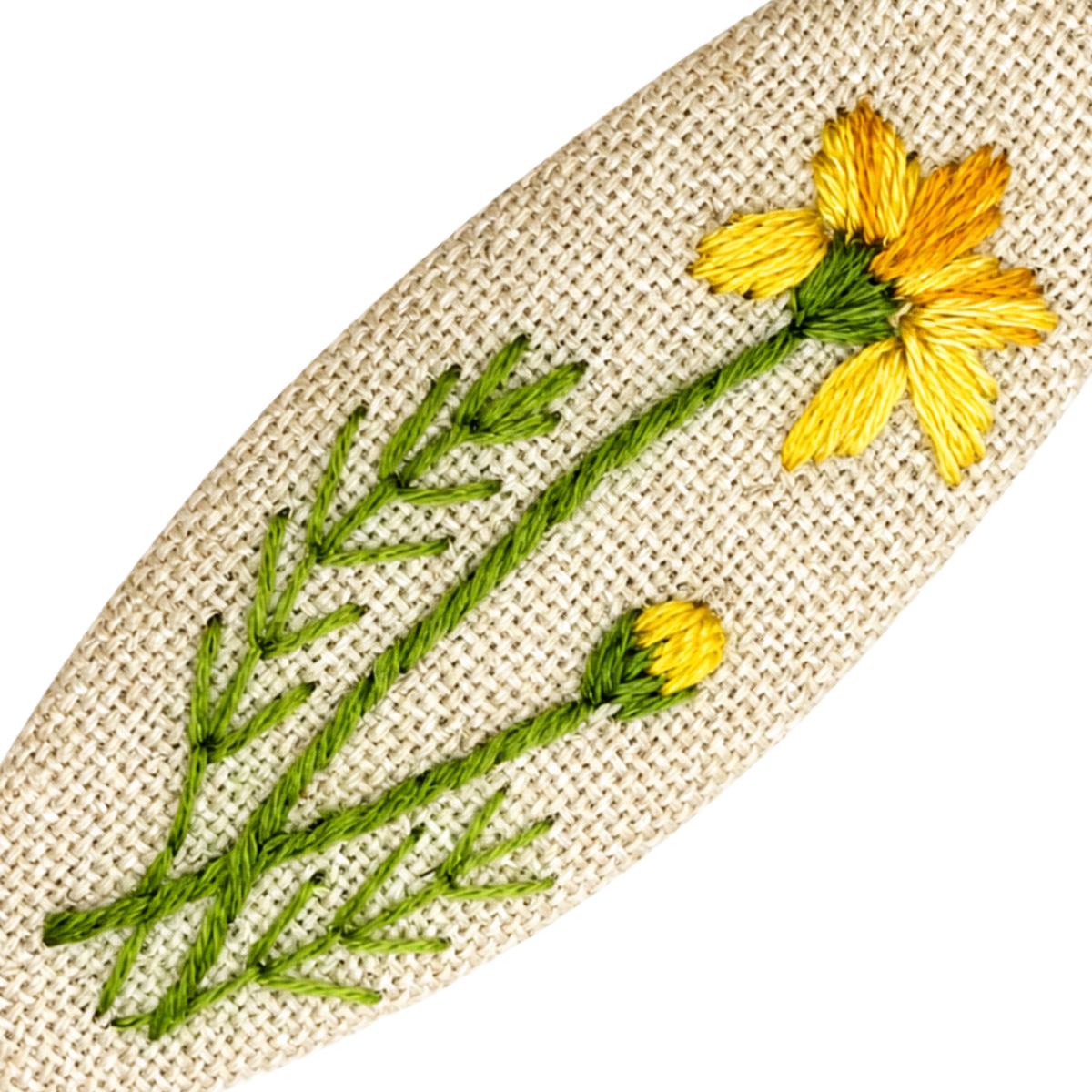 Handmade Embroidered Yellow Flower, Natural Linen Hair Snap Clips, Oval, 2.36 in. (Pack of 2)