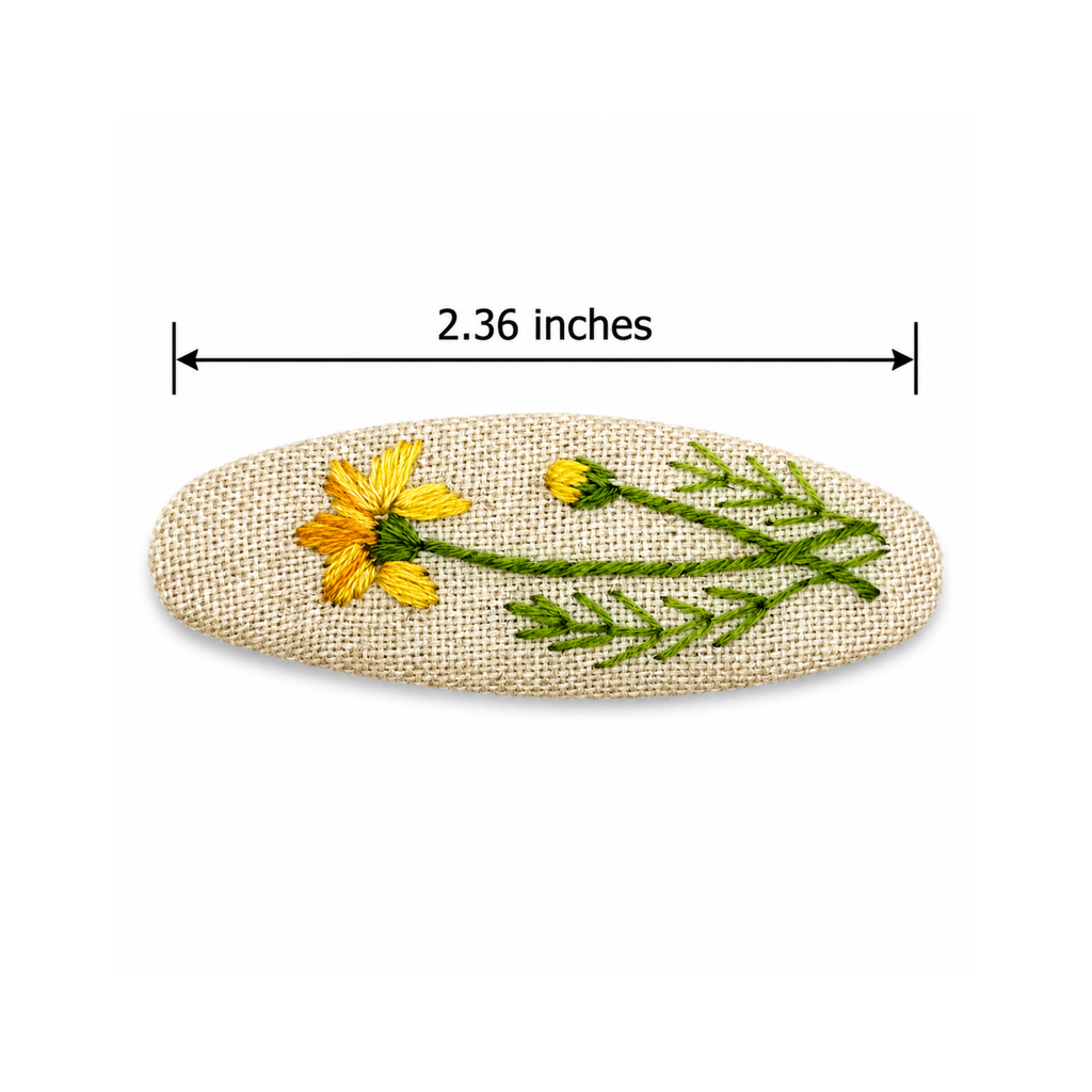 Handmade Embroidered Yellow Flower, Natural Linen Hair Snap Clips, Oval, 2.36 in. (Pack of 2)