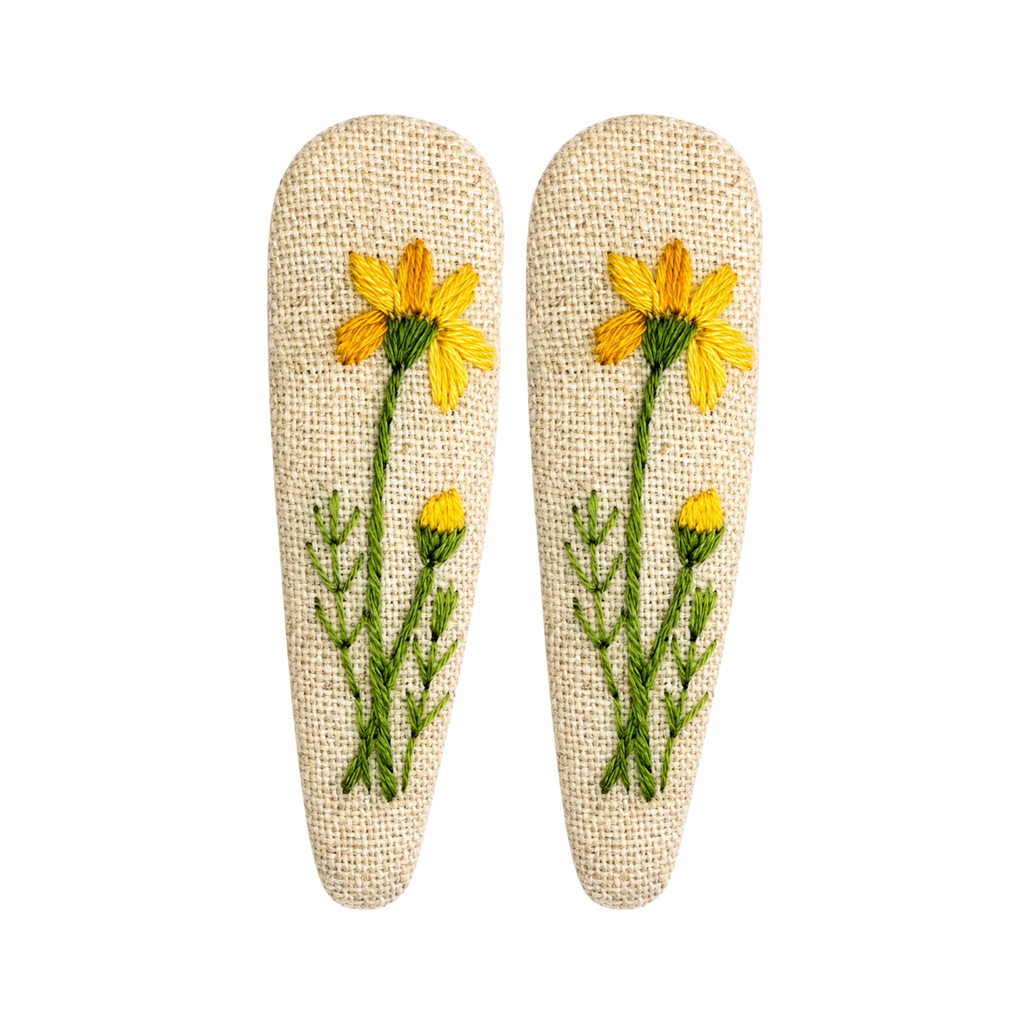 Handmade Embroidered Yellow Flower, Natural Linen Hair Snap Clips, Teardrop, 2.36 in. (Pack of 2)
