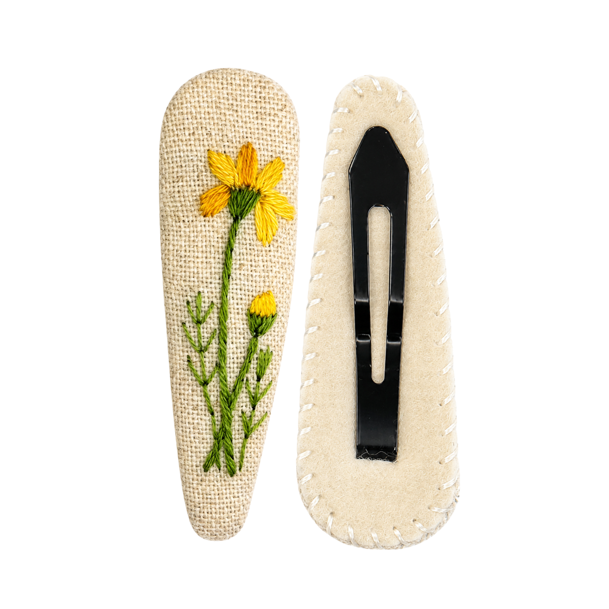 Handmade Embroidered Yellow Flower, Natural Linen Hair Snap Clips, Teardrop, 2.36 in. (Pack of 2)