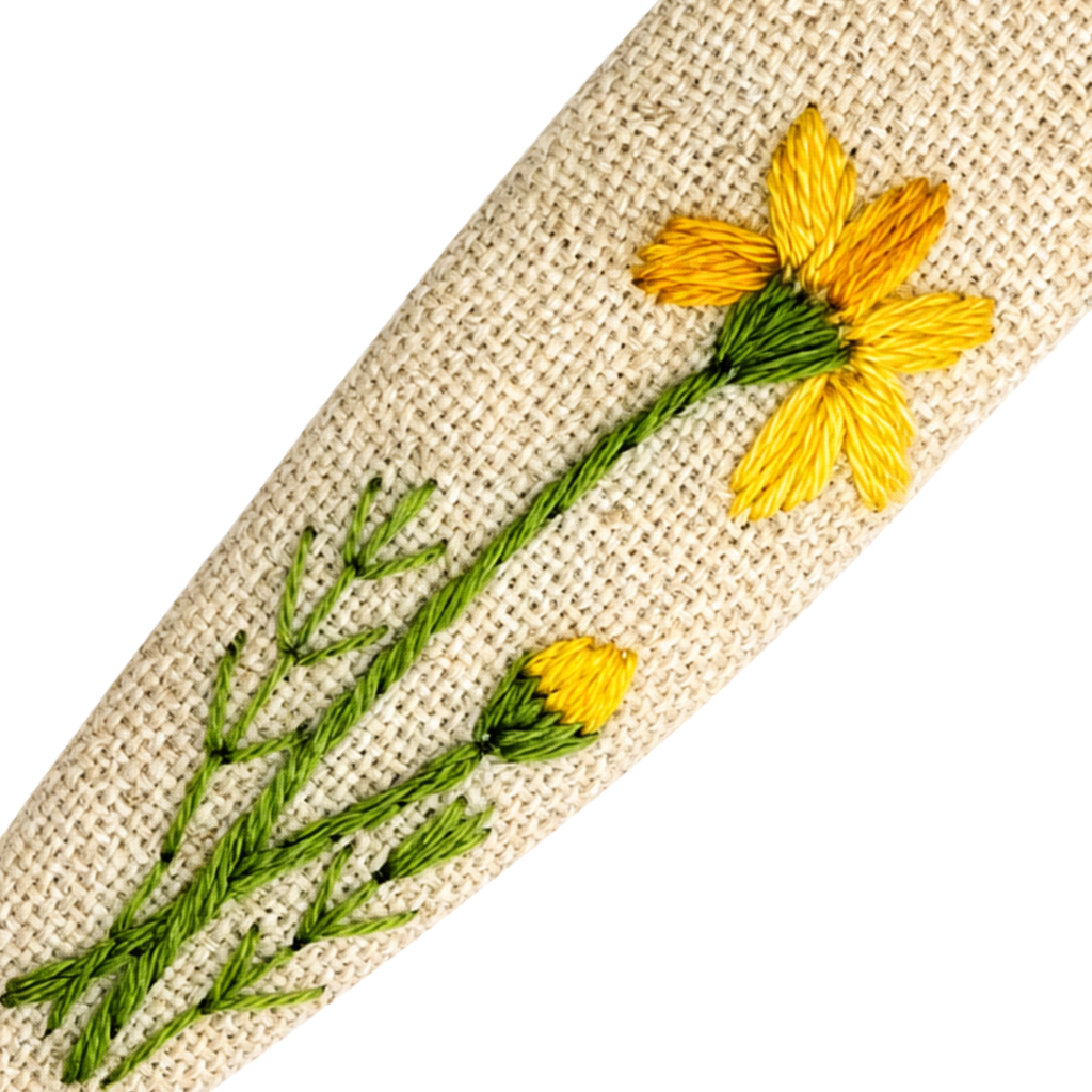 Handmade Embroidered Yellow Flower, Natural Linen Hair Snap Clips, Teardrop, 2.36 in. (Pack of 2)