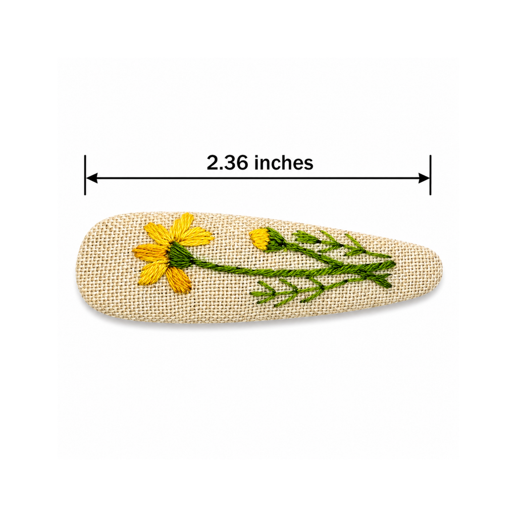 Handmade Embroidered Yellow Flower, Natural Linen Hair Snap Clips, Teardrop, 2.36 in. (Pack of 2)