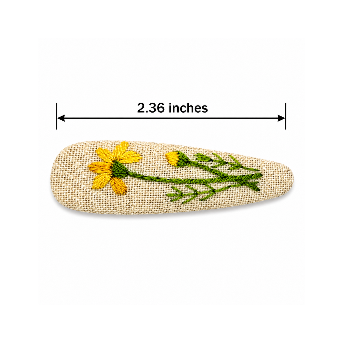 Handmade Embroidered Yellow Flower, Natural Linen Hair Snap Clips, Teardrop, 2.36 in. (Pack of 2)