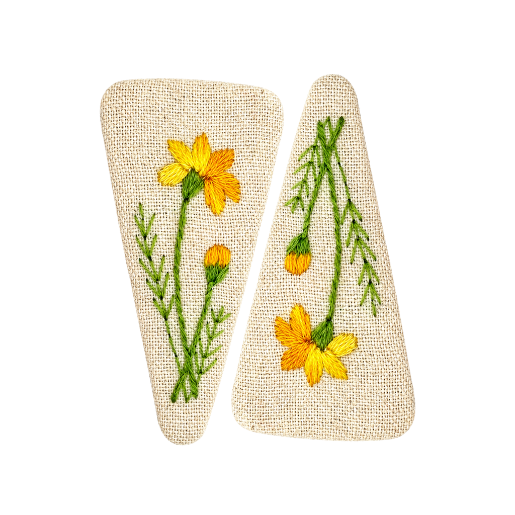 Handmade Embroidered Yellow Flower, Natural Linen Hair Snap Clips, Triangle, 2.76 in. (Pack of 2)