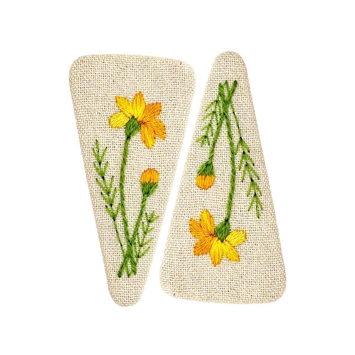 Handmade Embroidered Yellow Flower, Natural Linen Hair Snap Clips, Triangle, 2.76 in. (Pack of 2)