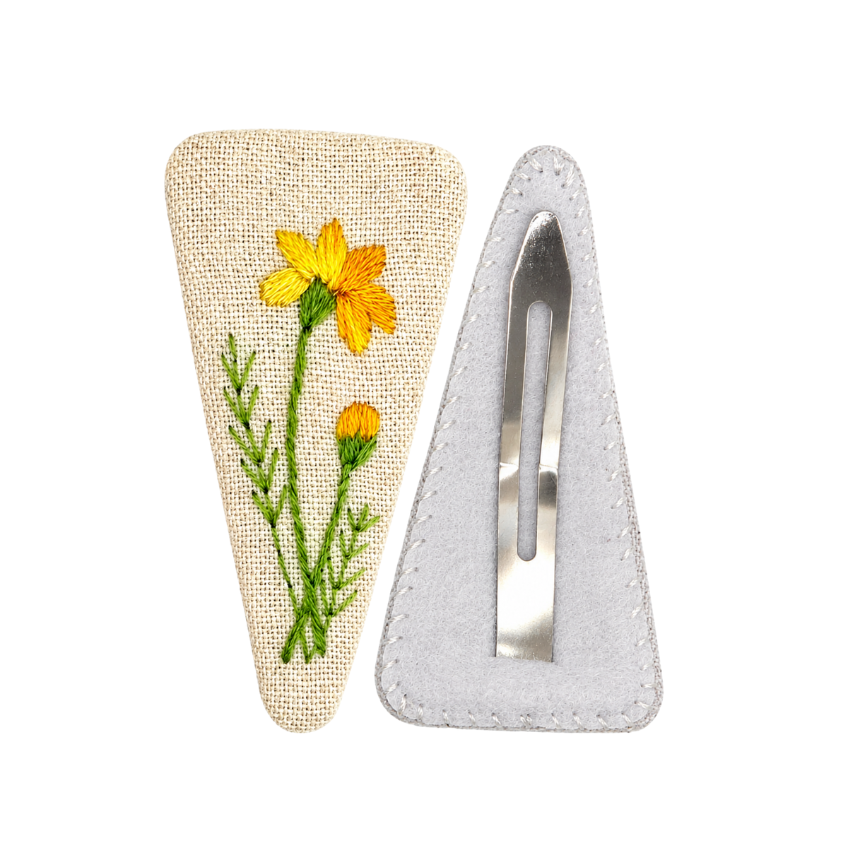 Handmade Embroidered Yellow Flower, Natural Linen Hair Snap Clips, Triangle, 2.76 in. (Pack of 2)