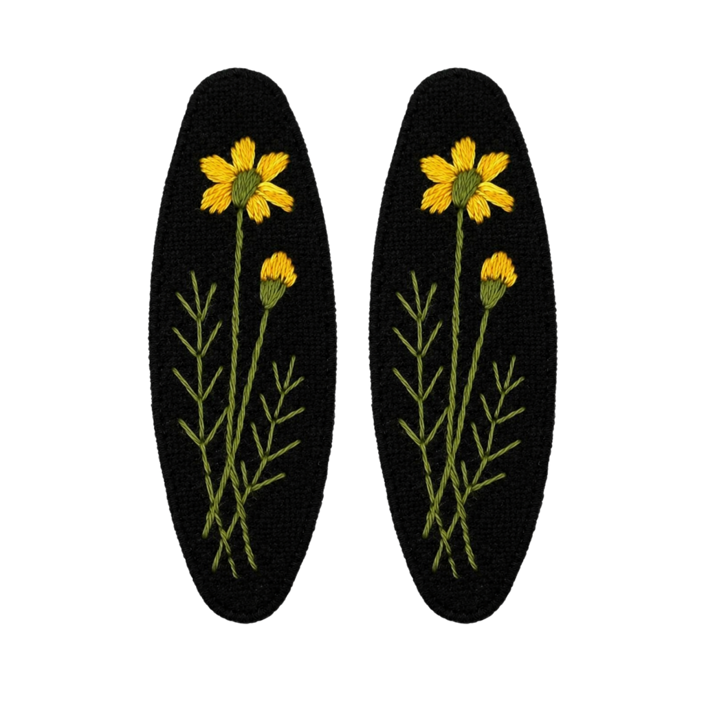 Handmade Embroidered Yellow Flower Linen Hair Snap Clips, Oval, 2.36 in. (Pack of 2)