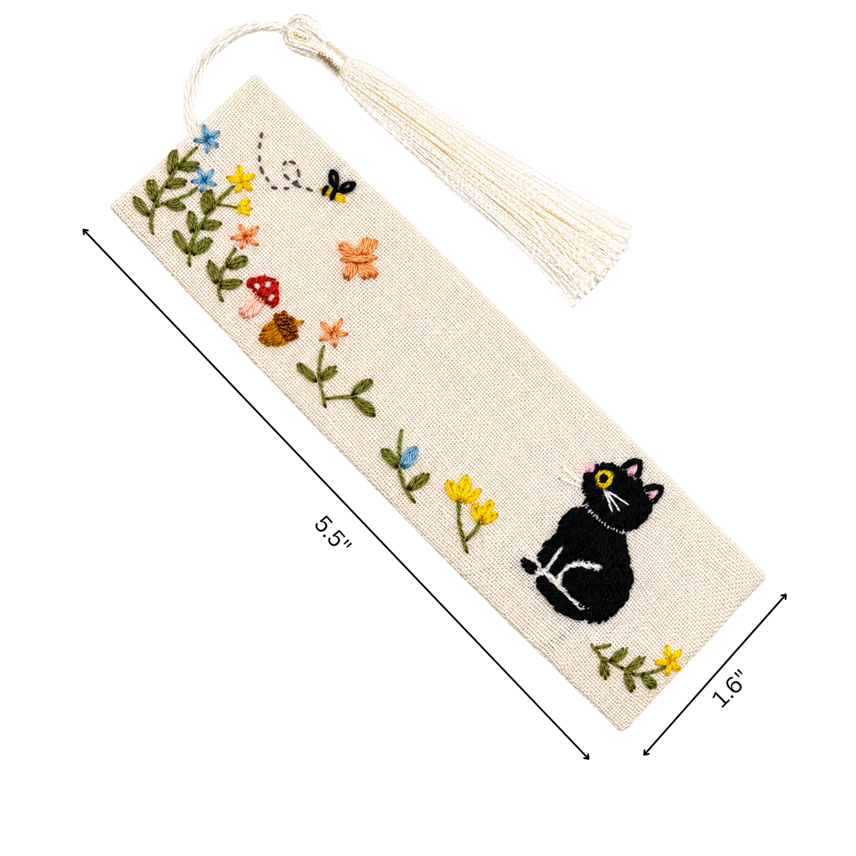 Handmade Embroidered Black Cat Linen Bookmark With Tassel - Butterfly Cat, 5.5 x 1.6 in.