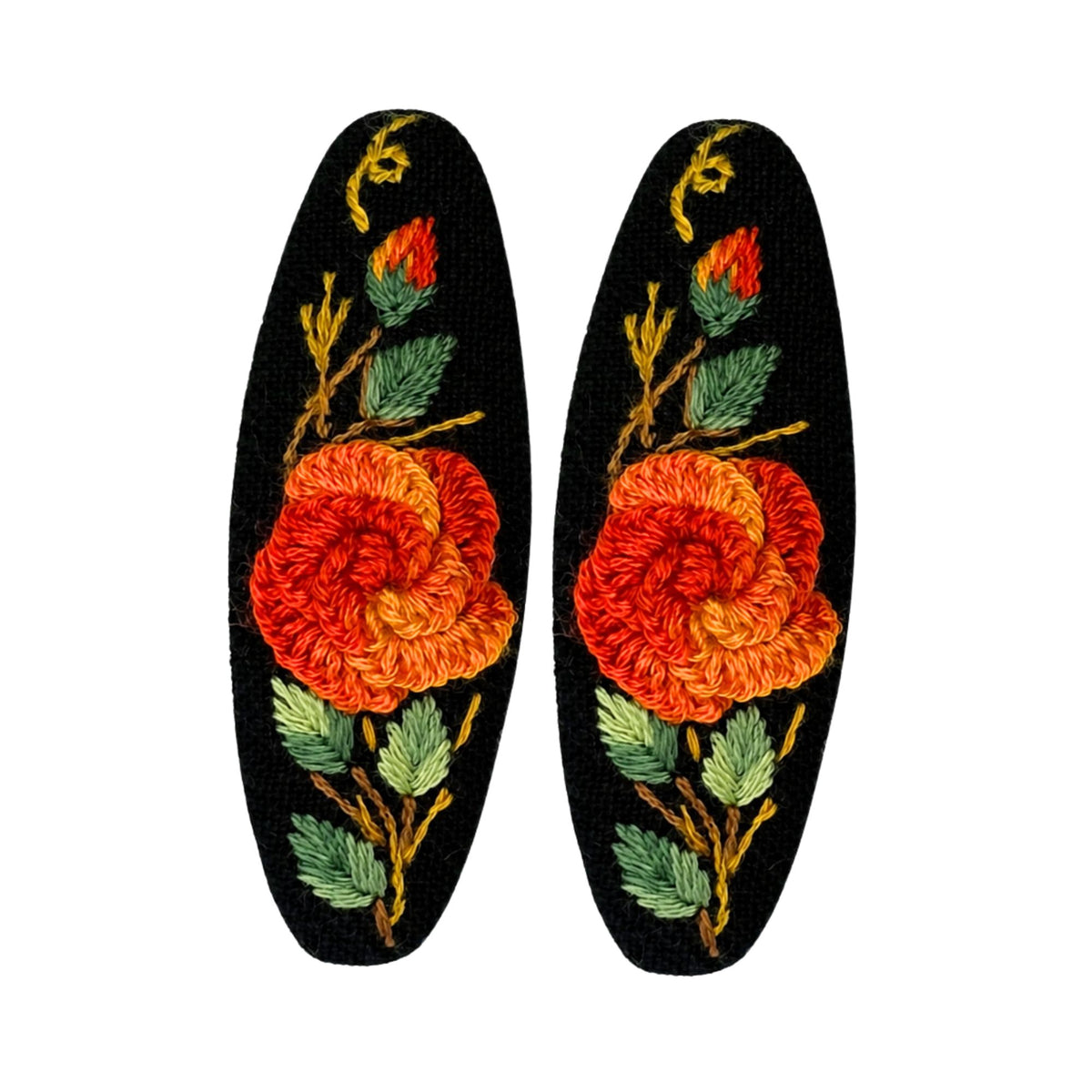 Hand Embroidered Ombre Orange Rose Linen Hair Snap Clips, Oval, 2.36 in. (Pack of 2)