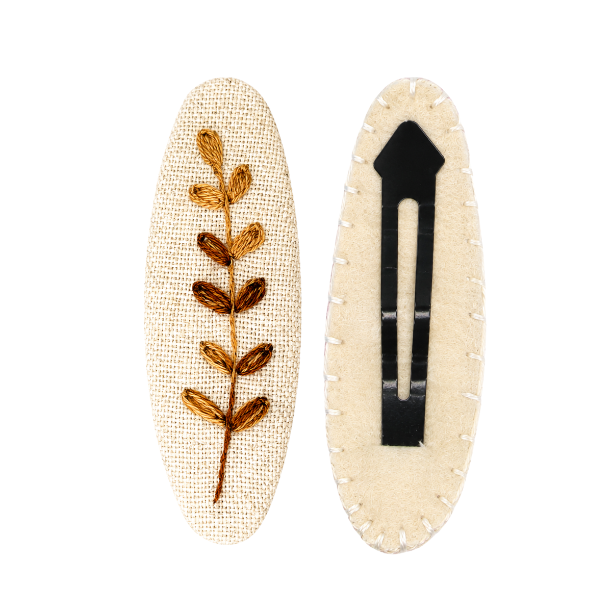 Handmade Embroidered Brown Leaf, Natural Linen Hair Snap Clips, Oval, 2.36 in. (Pack of 2)